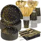 Black and Gold Party Supplies Disposable Party Tableware Gold Dot Paper Plate Black Napkin Cup for