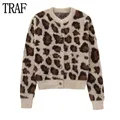 TRAF Leopard Faux Fur Cardigans for Women Jacquard Cropped Sweaters Women Long Sleeve Gold Button