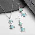 New Ethnic Fashion Blue Stone Jewelry Sets Round Flower Pendant Necklace Earrings for Women Vintage