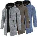 Men Winter Long Trench Coat 2023 Knit Sweater Jacket Fleece Wind Breaker Navy Turn-down Hoodies