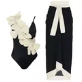 3D Flower Push Up donna costume intero Bikini vita alta Vintage nero bianco costumi da bagno