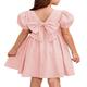 Girls Summer Puff Sleeve A-Line Flared Backless Casual Party Midi Dress for 6-12 Years with Bowknot