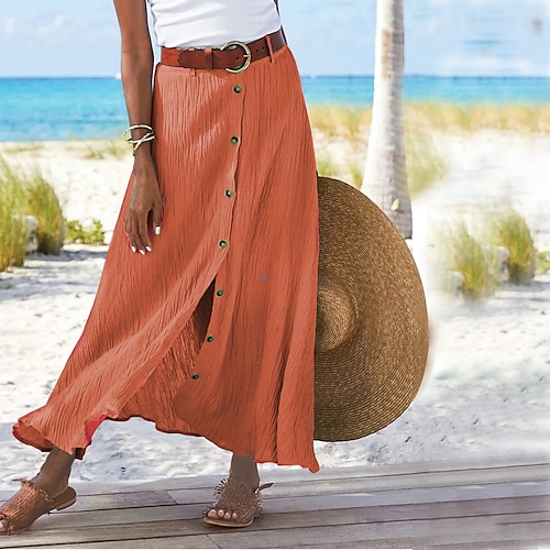 Damen Mode Küsten-Oma-Stil Sommer Maxi Röcke Einfarbig Geteilt Täglich Urlaub Schwarz Weiß Marineblau Orange Herbst Polyester Image
