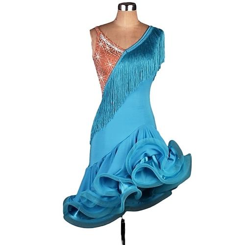 Kleid für Tanz, Salsa, lateinamerikanischen Tanz, Fransen, Quasten, Kristalle/Strasssteine, Damen, Training, Performance, ärmellos, hoher Spandex-Tüll Image