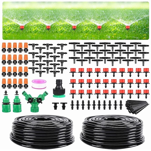 Garten-Tropfbewässerungsset, Gewächshaus-Mikro-Tropfbewässerungssystem-Set mit 1/4 Zoll und 1/2 Zoll leerem Verteilungsschlauch, verstellbarer Terrassen-Nebeldüse, Emitter-Sprinkler Image