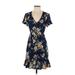 Xhilaration Casual Dress - A-Line Plunge Short sleeves: Blue Print Dresses - Women's Size X-Small