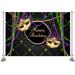 Masquerade Party Backdrop Gold Mask with Feather Purple Green Pearls Background Mask Birthday Dancing Party Decoration