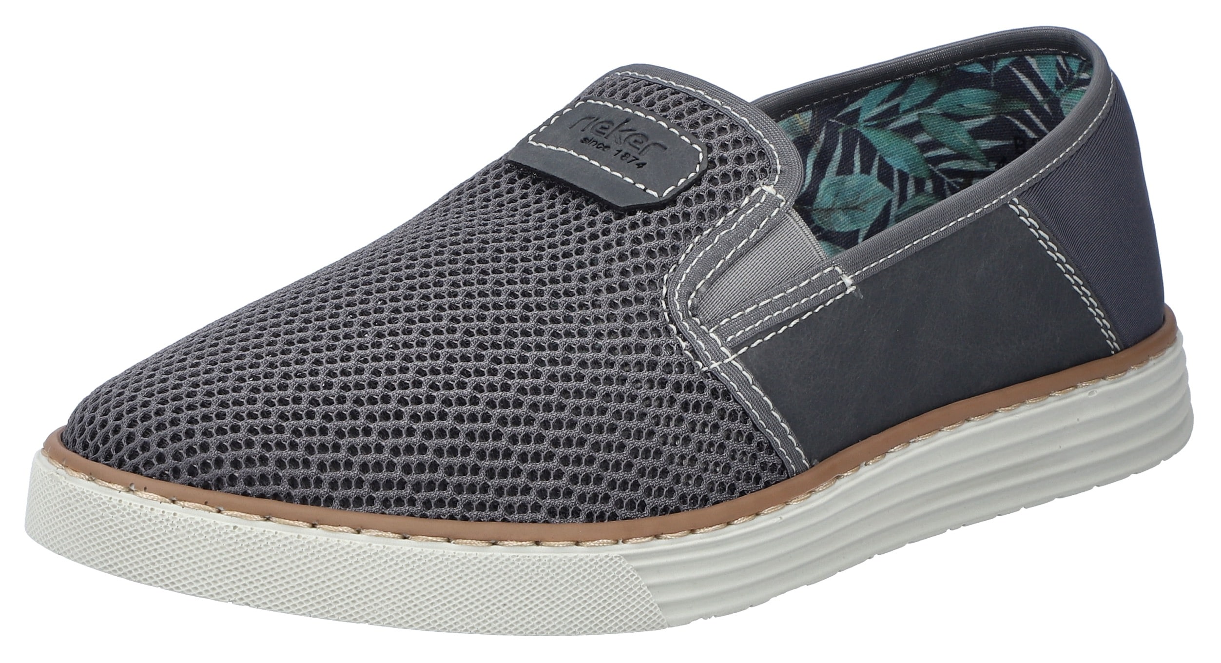 Slipper RIEKER, Herren, Gr. 43, grau (dunkelgrau), Lederimitat, Textil, Schuhe, Espadrilles, Sommerschuh mit kontrastfarbenen Ziernähten