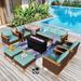 8-Piece Patio Outdoor Wicker Sectional Sofa Furniture Set with Fire Pit Table