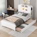 Twin Size Platform Bed with Twin Trundle & Bookshelf Headboard, Wood Bed Frame with Light Strip Design, No Box Spring Needed