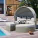 Patio Round Daybed with Retractable Canopy, Outdoor Rattan Furniture Sets, Sectional Sofa Set w/Removable Cushion, Rattan Sunbed