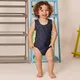 Baby boy and girls blue denim short romper sleeveless side green ribbed bottom opening baby summer