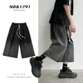 Summer Gradient Jeans Shorts Male Calf Length Trousers Denim Elastic Waist Short Jean Mens Oversized