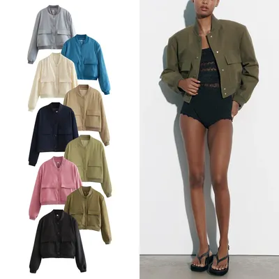 TRAF Women's Bomber Jacket Long Sleeve Coat with Pockets Retro Front Button Jacket Elegant High Street Jacket New Jacket Tops