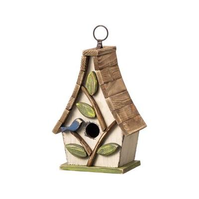 Glitzhome Washed Distressed Solid Wood Decorative Outdoor Garden with Natural Wood Pallet Roof & 3D Tree Birdhouse, White