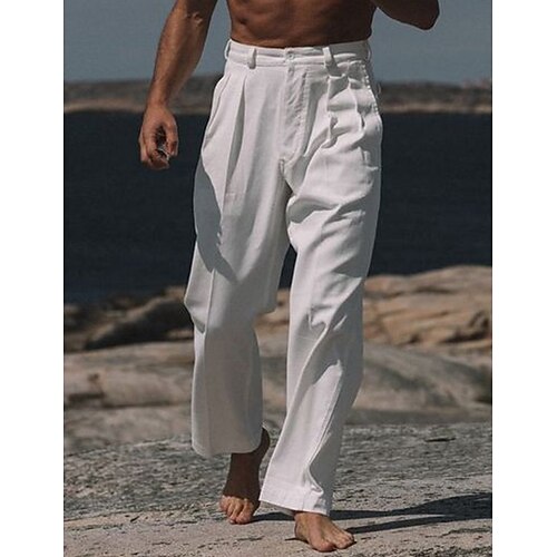 Herren Anzughosen Leinenhose Hose Hosen Sommerhosen Knopf Vordertasche Gerade geschnitten Glatt Komfort Atmungsaktiv Casual Täglich Festtage Modisch Basic Weiß Beige Image