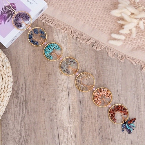 1 Stück Traumfänger 7 Chakra Kristall Baum des Lebens Wandbehang Reiki Edelstein Traumfänger Wandaufhänger für Yoga Meditation Fenster Wohnkultur Image