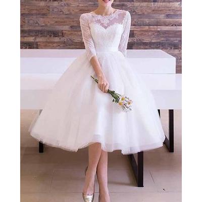 TS Reception Vintage 1940s / 1950s Little White Dresses Wedding Dresses A-Line Illusion Neck 3/4 Length Sleeve Tea Length Lace Bridal Gowns With Sashes / Ribbons Appliques 2025