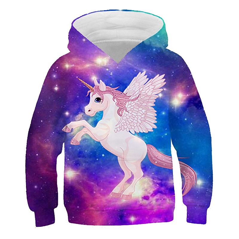 Kids Girls' Unicorn Pink Hoodie Sweatshirt 3D Print Tops Long Sleeve Rainbow Heart Sporty Blushing Pink Children Tops Active Cute
