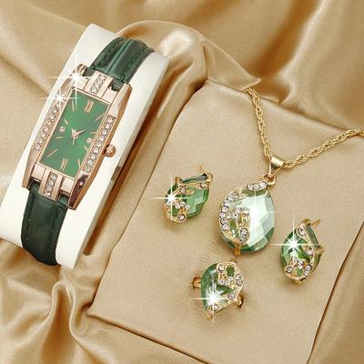 5PCS Set Fashion Women Rectangle Watches Ladies Business Green Leather Quartz Watch Womens Necklace Earrings Bracelet Wristwatch