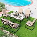 Perfect 7 Piece Outdoor Patio Dining Set 6 Spring Motion Cushion Chairs 1 Rectangular Table with 1.57 Umbrella Hole Furniture Sets for Lawn Backyard Garden Red
