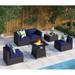 6 Pieces Outdoor Patio Furniture Set with 45 Plate Embossing Propane Fire Pit Table Outdoor Wicker Sectional Sofa Conversation Set with Blue Cushions & Coffee Table