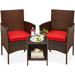 3-Piece Outdoor Wicker Conversation Bistro Set Space Saving Patio Furniture for Yard Garden w/ 2 Chairs 2 Cushions Side Storage Table - Brown/Red