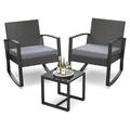 Bomrokson 3 Pieces Patio Furniture Set Rocking Bistro Set Outdoor Rattan Conversation with Coffee Table for Garden Balcony Backyard Poolside (Grey Cushion)