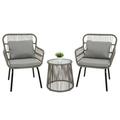 3-Piece Patio Wicker Conversation Bistro Set with 2 Chairs & Glass Top Side Table & Cushions Gray