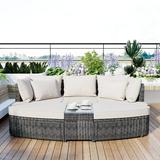 6-Piece Outdoor Round Sofa Set with Coffee Table & Ottoman PE Wicker Rattan Sectional Sofa Couch with Thick Cushion & Pillow Patio Conversation Set for Backyard Porch Poolside Beige