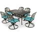 VIVIJASON 7-Piece Outdoor Furniture Dining Set All-Weather Cast Aluminum Conversation Set Includes 6 Swivel Dining Chairs and a Rectangle Table with Umbrella Hole for Patio Garden Ocean Blue Cushion