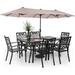 & William Patio Dining Set for 6 with 13ft Double-Sided Patio Umbrella 8 Piece Metal Outdoor Table Furniture Set - 6 Outdoor Chairs 1 Rectangle Dining Table and 1 Large Beige Umbrel