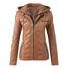 Labakihah coats for women Women s Slim Leather Stand Collar Zip Motorcycle Suit Belt Coat Jacket Tops Brown One Size