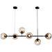 FJU Lighting 6-Light Modern Globe Sputnik Chandelier Mid Century Black Pendant Light Chandelier Dining Room Linear Pendant Lighting Kitchen Island Adjustable Pendant Light Fixtures (Black+Amber)