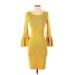 Nina Leonard Casual Dress - Sweater Dress Scoop Neck 3/4 Sleeve: Yellow Solid Dresses - Women's Size Small