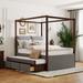 Full Size Upholstered Canopy Bed with Trundle and 3 Storage Drawers, 4-Post Canopy Velvet Platform Bed Wood Frame, Gray