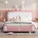 Full Upholstered Princess Bed with Rabbit-Shaped Headboard, Cute Full Size Platform Bed Frame for Kids Teens Adults, White+Pink