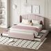 Queen Size Linen Fabric Upholstered Platform Bed w/Wingback Headboard, One Twin Trundle & 2 Drawers, No Box Spring Needed, Pink