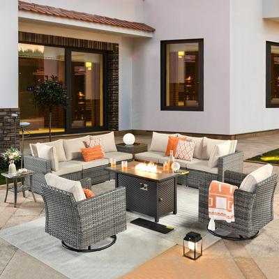 HOOOWOOO 11-piece Rattan Wicker Outdoor Furniture Set Swivel Chairs with Fire Pit