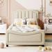 Twin Size Upholstered Daybed w/Classic Stripe Shaped Headboard, Beige