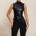 Women's Solid Color Leather Collarless Asymmetrical Hem Slim Fit Sleeveless Vest Top 2xl Tops Women