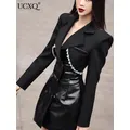 UCXQ Streetwear Black Diamond Patchwork Blazer in pelle PU dentellata Fashion New Slim Fit Mid Long