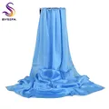 [BYSIFA] Light Blue Silk Scarf Spring Autumn Women Long Satin Scarf Shawl Luxury Scarves Simple