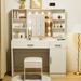 Latitude Run® Makeup Vanity Desk w/ Mirror & Lights, Large Vanity Set w/ Power Outlet, Stool Included, White in Brown/White/Yellow | Wayfair