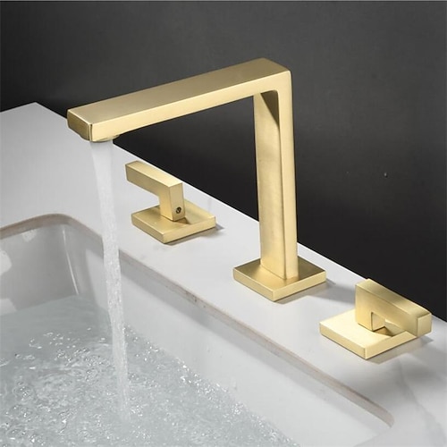 Weit verbreiteter Waschtisch-Mischbatterie, 360 drehbarer Messing-Waschtischhahn mit 3 Löchern und 2 Griffen, Deckmontage, Waschraum-Waschbecken-Wasserhahn mit heißem und kaltem Schlauch, Schwarz, Chrom, Gold, Weiß, Grau Image