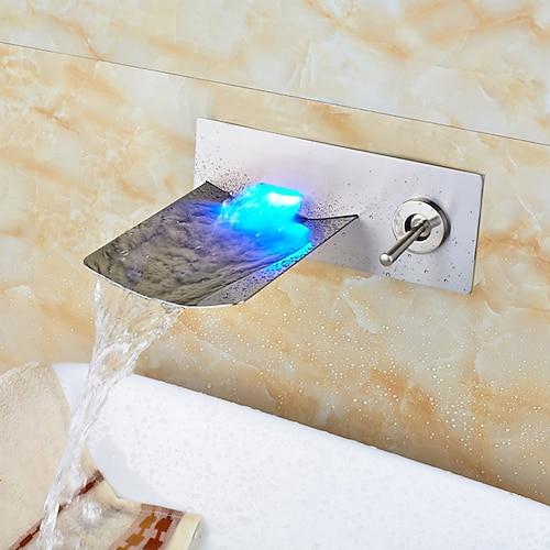 Waschbecken Wasserhahn - LED / Wandmontage / Wasserfall Nickel gebürstet Wandmontage zwei Löcher / Einhebel zwei LöcherBadearmaturen