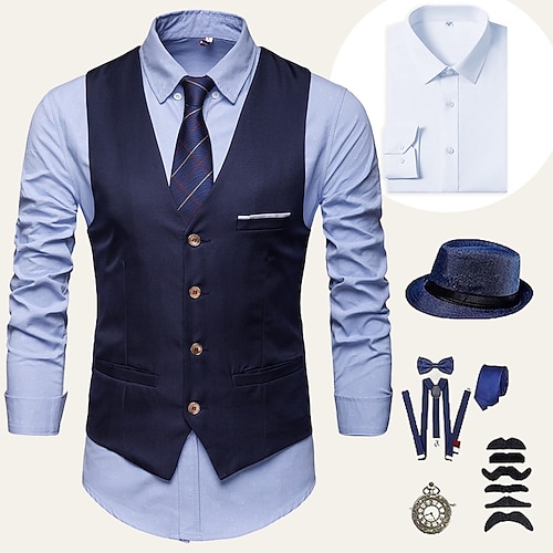 Retro Vintage Goldene Zwanziger 1920er Outfits Hemd Weste Normal Gentleman Gangster Einfarbig Kostüm Herren Halloween Karneval Neujahr Party / Abend Abschlussball Junggesellinnenabschiedsparty Image
