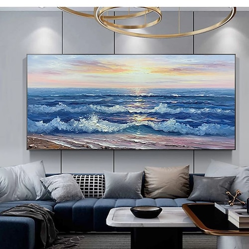 Handgefertigtes Ölgemälde auf Leinwand, Wandkunst, Dekoration, abstrakte Meereslandschaft, buntes Meer, Sonnenuntergang für Wohnkultur, gerollt, rahmenlos, ungedehnt Image