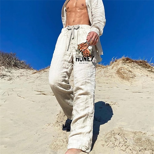 Herren Hose Sommerhose Strandhose Kordelzug Elastischer Bund 3D-Druck Buchstabe Grafikdrucke Dollar Komfort Lässig Täglich Ferien Streetwear Hawaiianisch Weiß Mikroelastisch Image