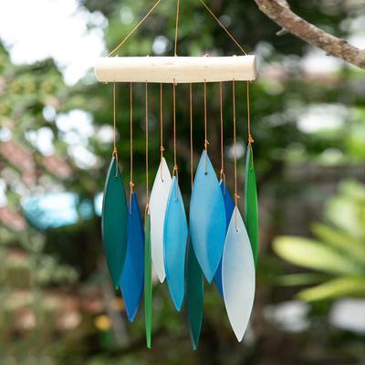 Rhythm of Life,'Glass and Wood Wind Chime in Blue Teal Green and White'
